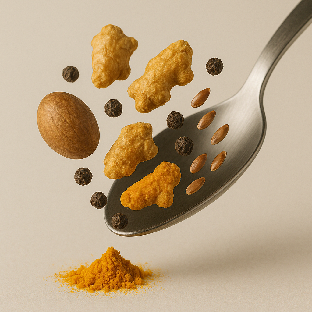 Spoon with turmeric, ginger, black pepper, flax seeds, and avocado seed – natural superfood ingredients in Afyalishe blend