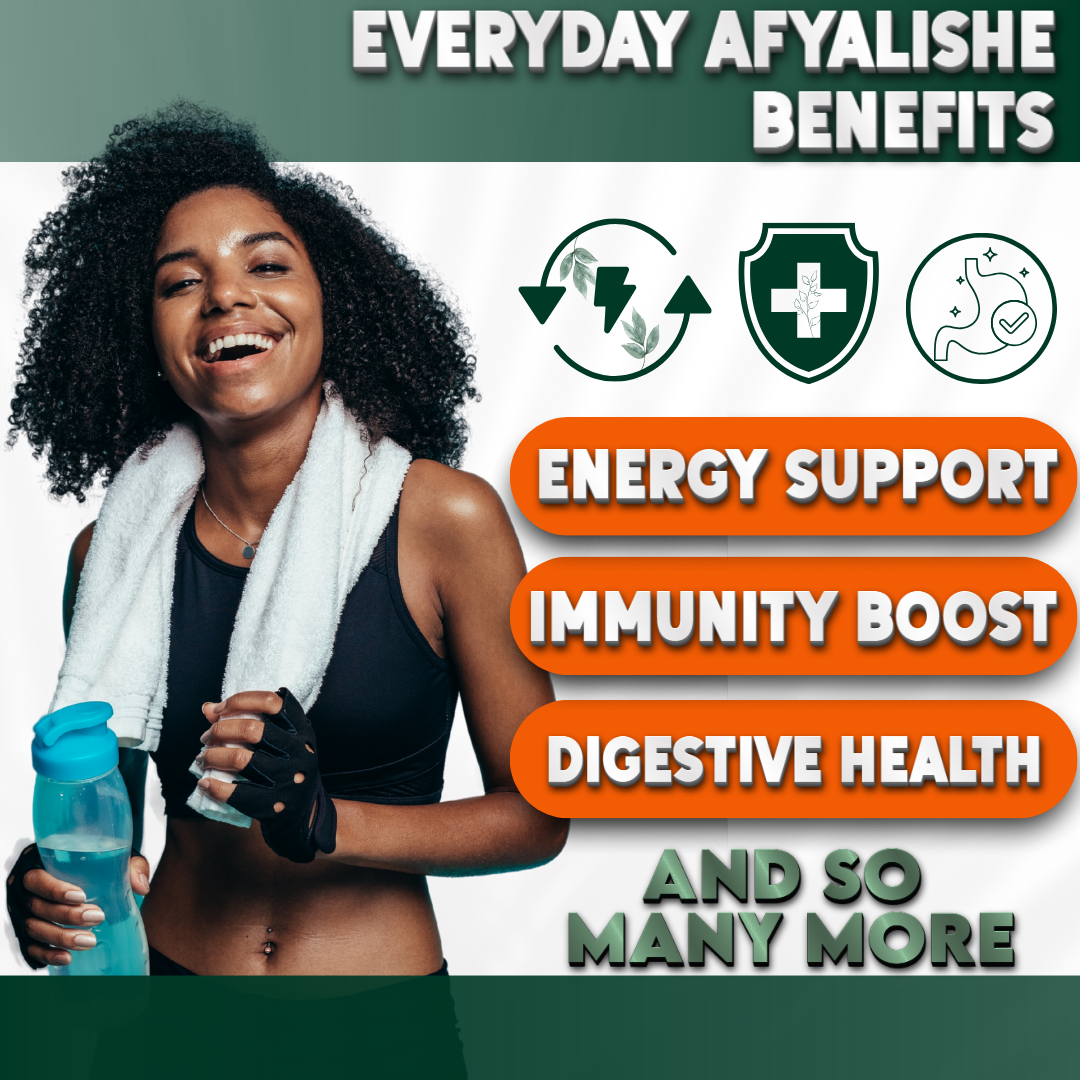 Smiling active woman holding a water bottle with Afyalishe Everyday Benefits listed: energy support, immunity boost, digestive health, and more.