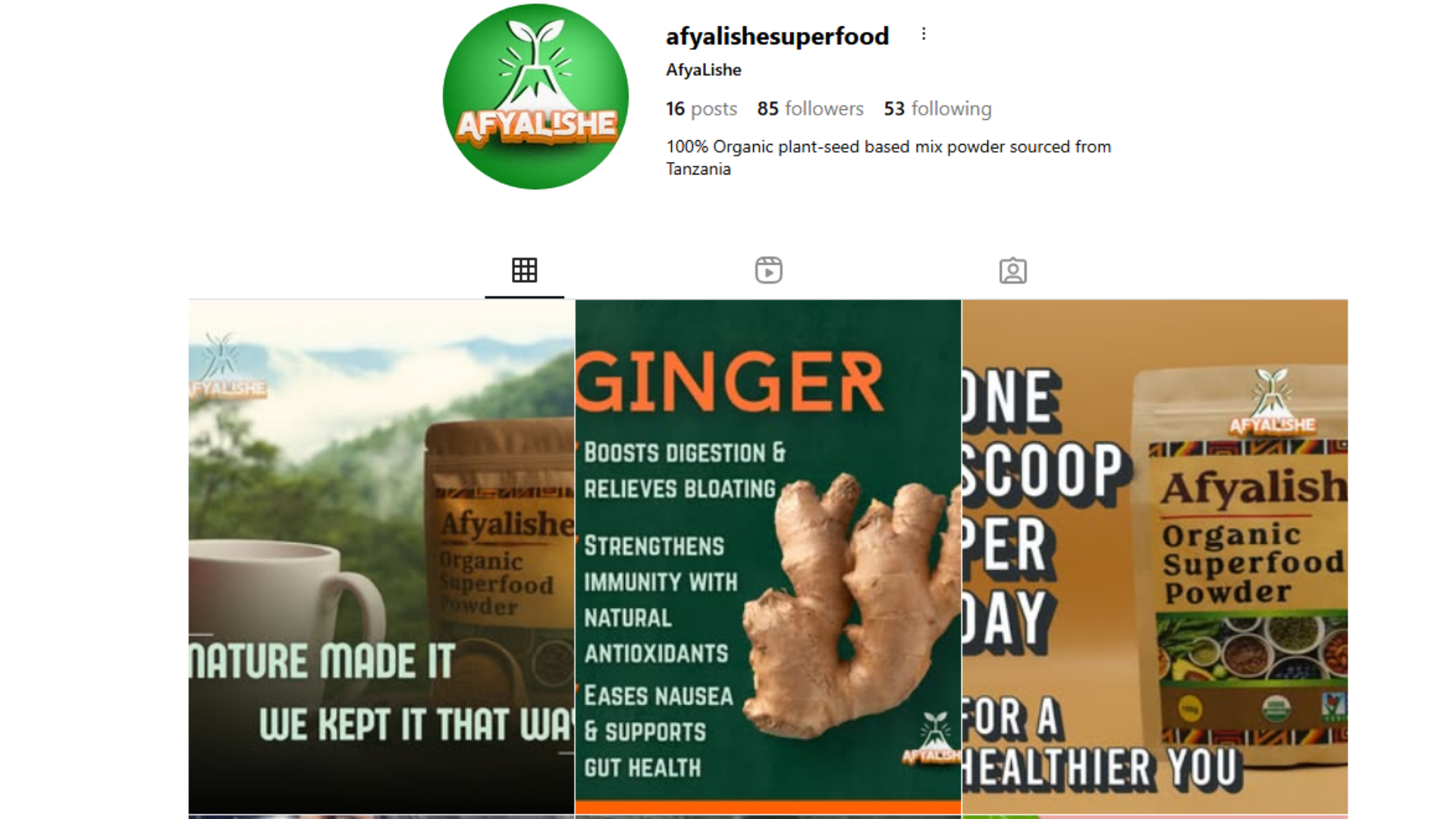 Afyalishe Instagram profile preview featuring organic superfood powder posts, ginger health benefits, and daily wellness tips