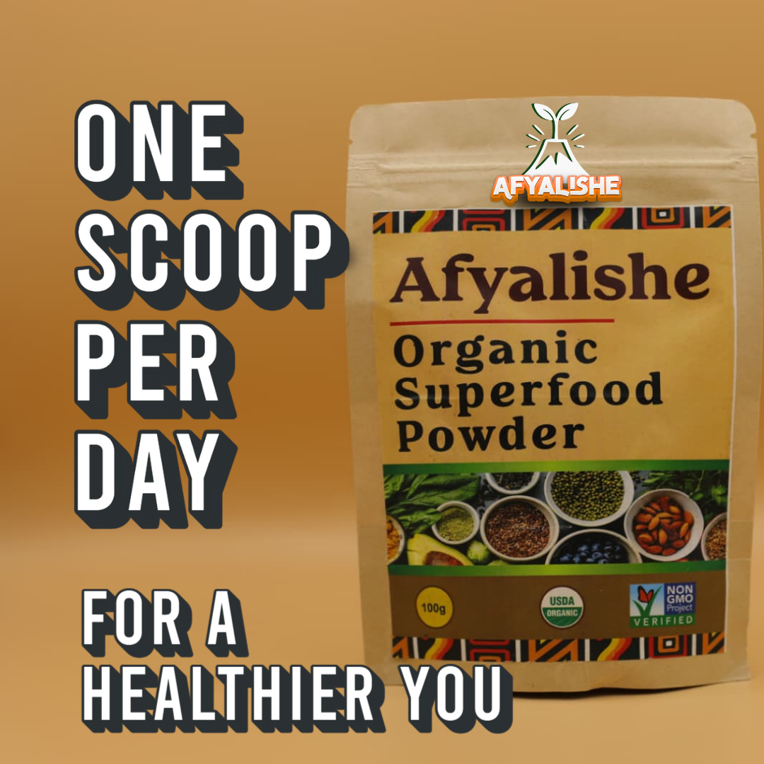 Afyalishe Organic Superfood Powder bag with text overlay: one scoop per day for a healthier you