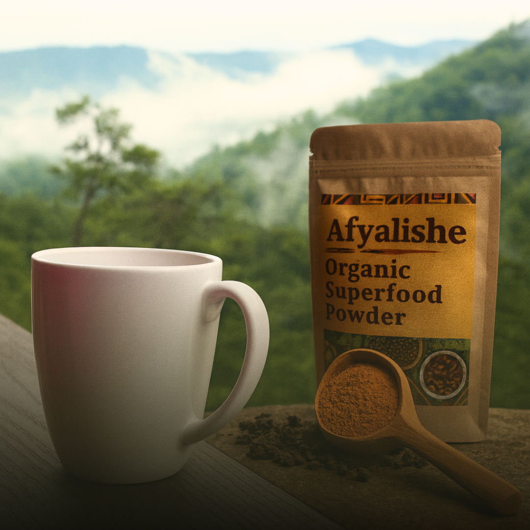 “Afyalishe Organic Superfood Powder bag next to a mug of tea with a lush green nature background.