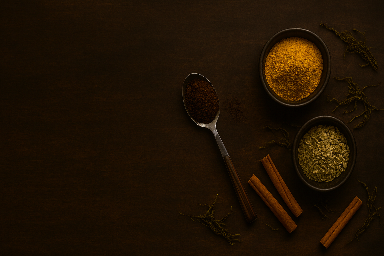 Close-up of organic spices including cumin seeds and ground powders in wooden bowls with spoon – Afyalishe ingredients grown in Tanzania’s volcanic soil