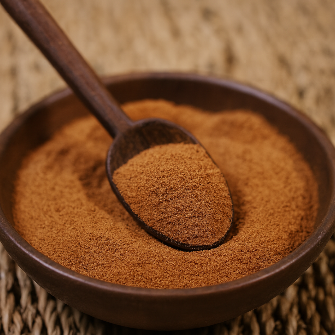 Wooden bowl filled with ground cinnamon powder and a wooden spoon scooping spice