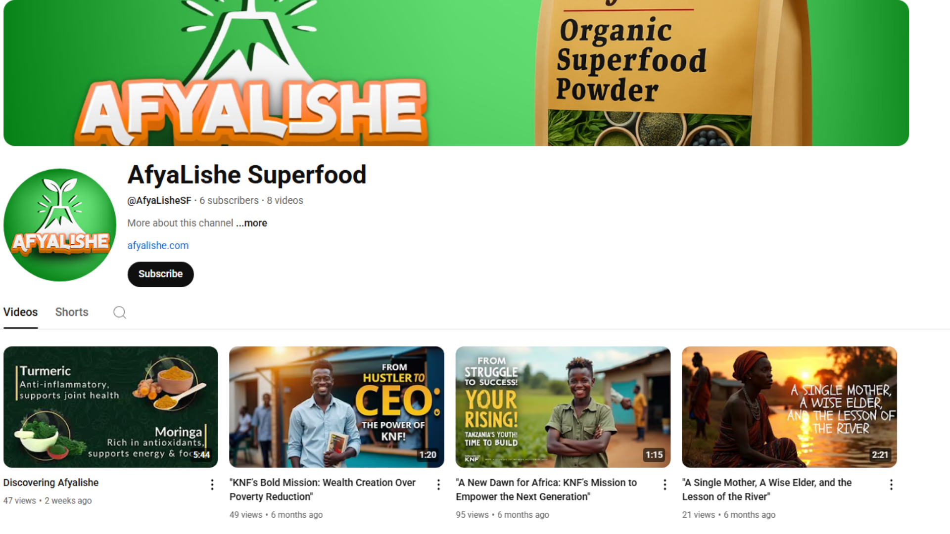 Afyalishe Superfood YouTube channel homepage showing logo, banner with organic superfood powder, and featured videos on wellness, entrepreneurship, and African heritage