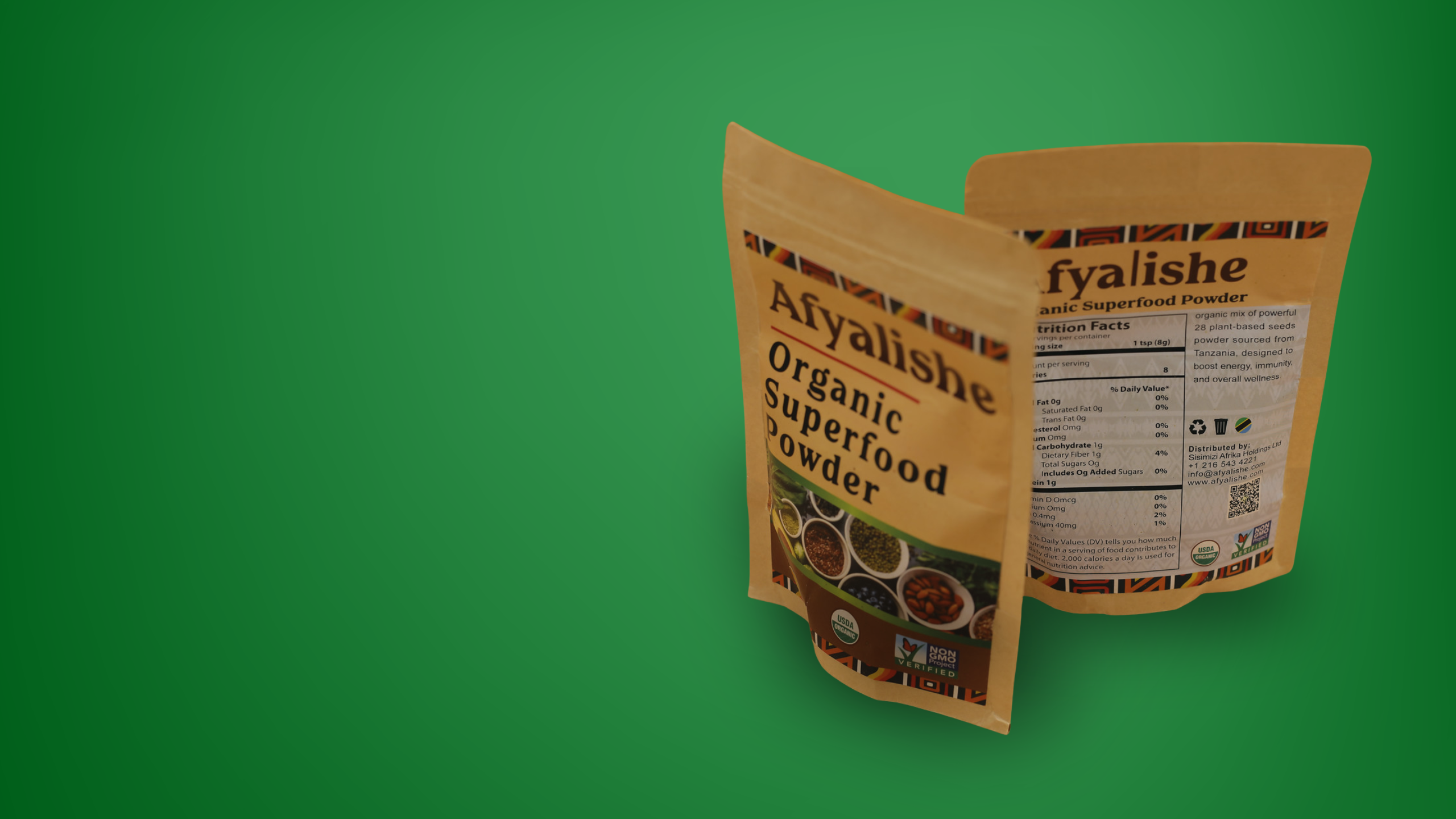 Afyalishe Organic Superfood Powder bag – 28 herbs, seeds, and spices from Tanzania’s volcanic soil, USDA Organic and Non-GMO verified health blend.